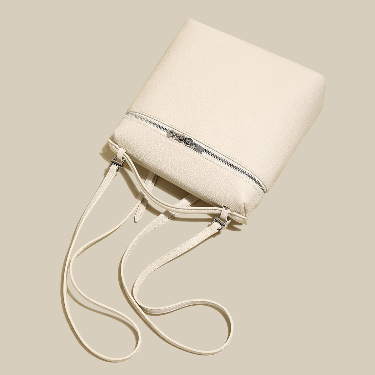 solid leather backpack with double zippers ivory 4