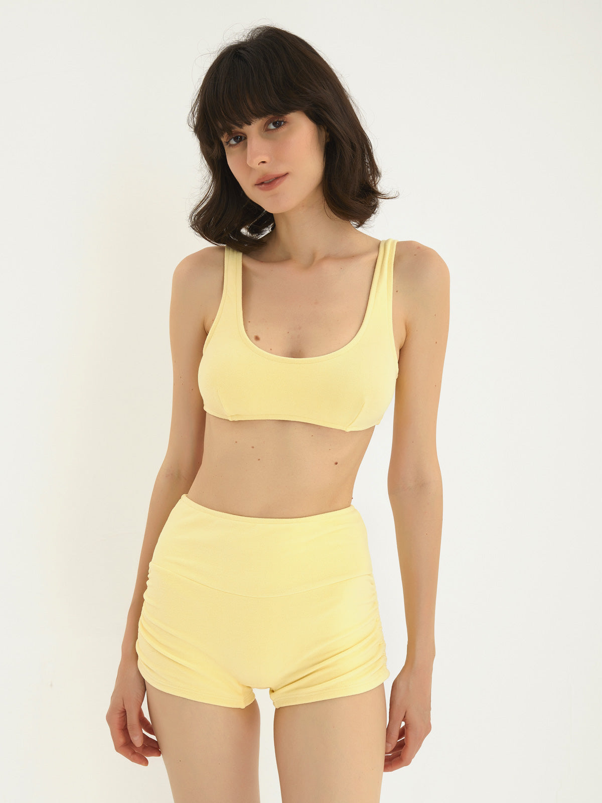 solid u neck top with high waisted boyleg swimwear all yellow 1