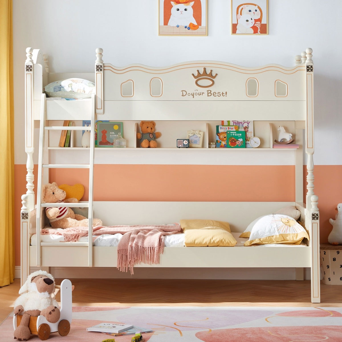 solid wood bunk bed with mattress for kids all white 1