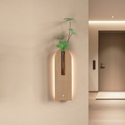 Solid Wood Motion Sensor Wall Light with Glass Vase
