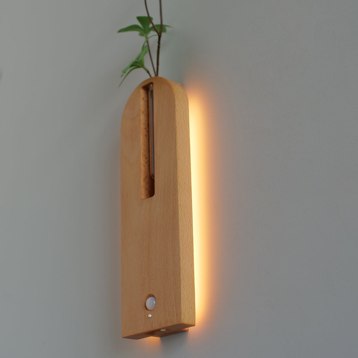 Solid Wood Motion Sensor Wall Light with Glass Vase