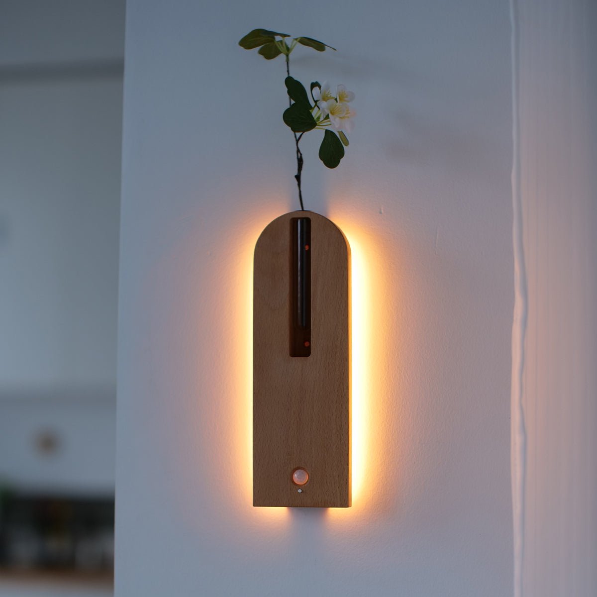 Solid Wood Motion Sensor Wall Light with Glass Vase