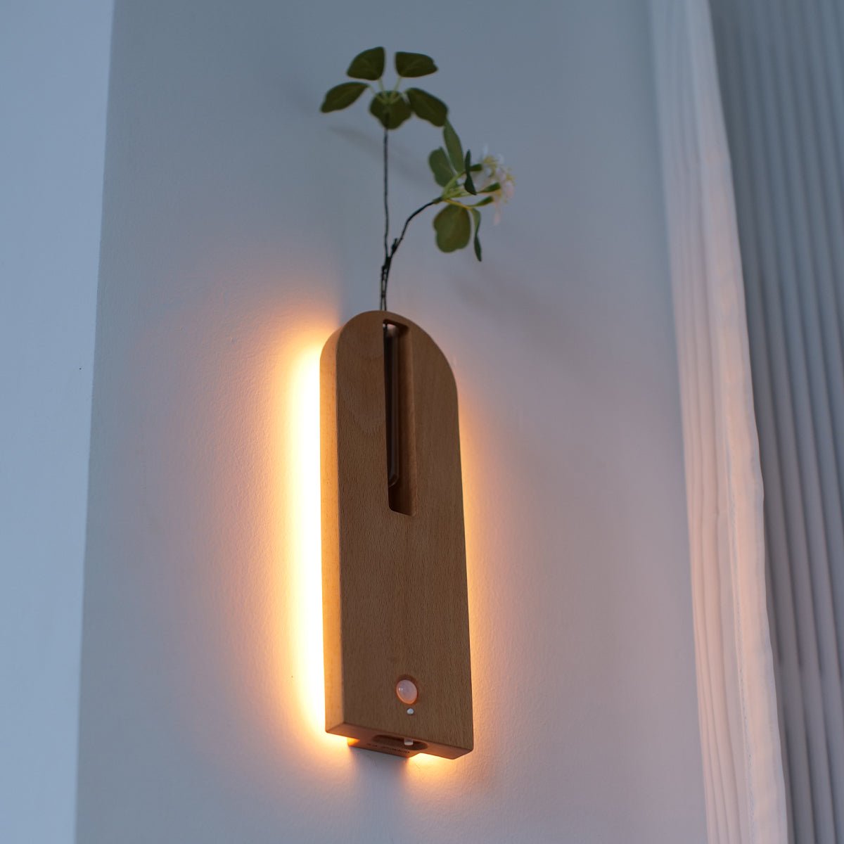Solid Wood Motion Sensor Wall Light with Glass Vase