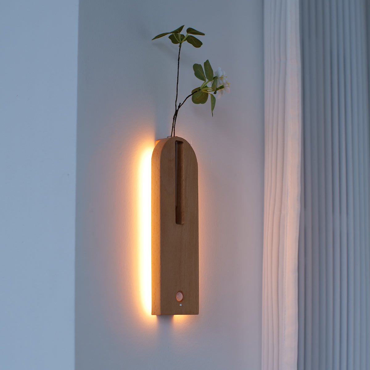 Solid Wood Motion Sensor Wall Light with Glass Vase