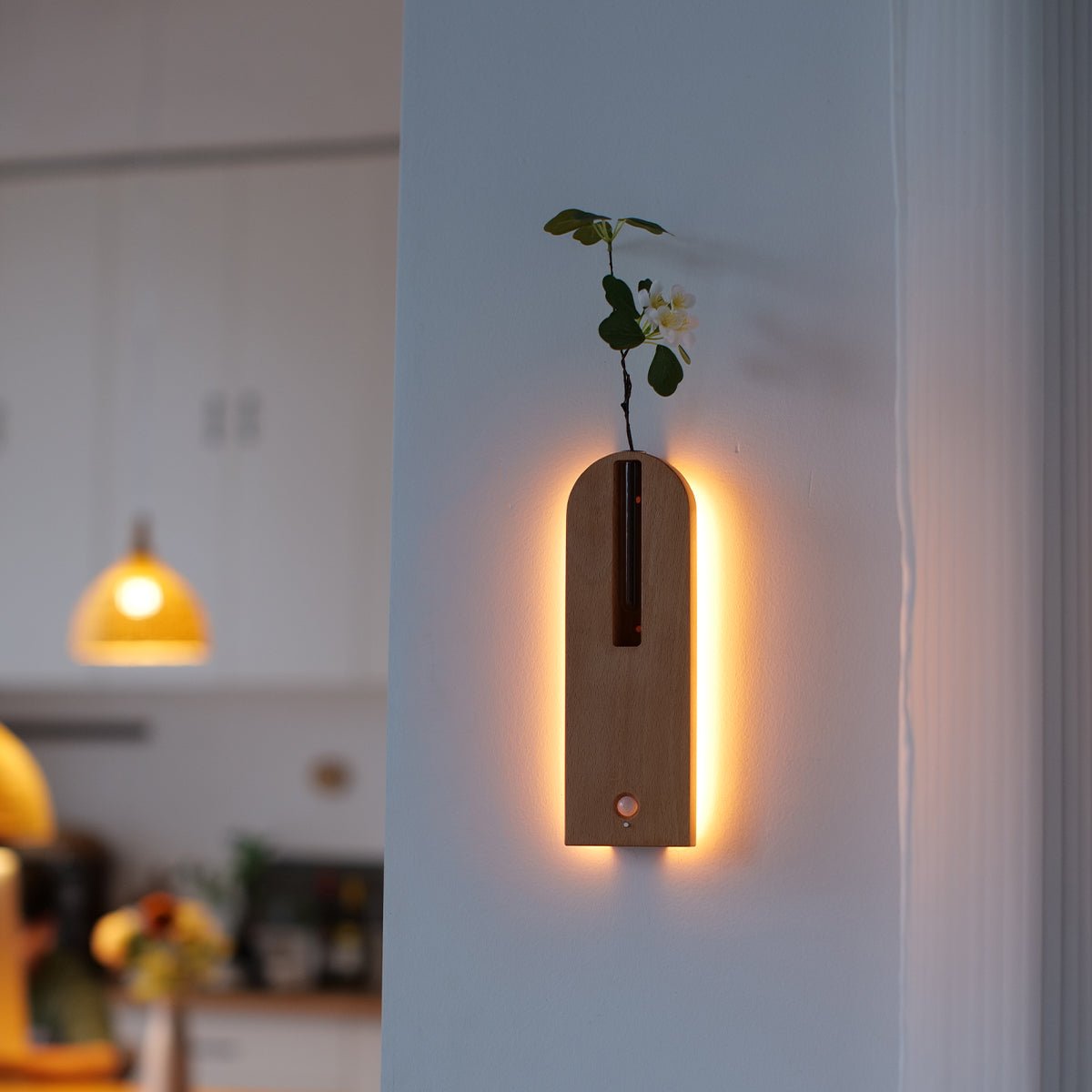 Solid Wood Motion Sensor Wall Light with Glass Vase