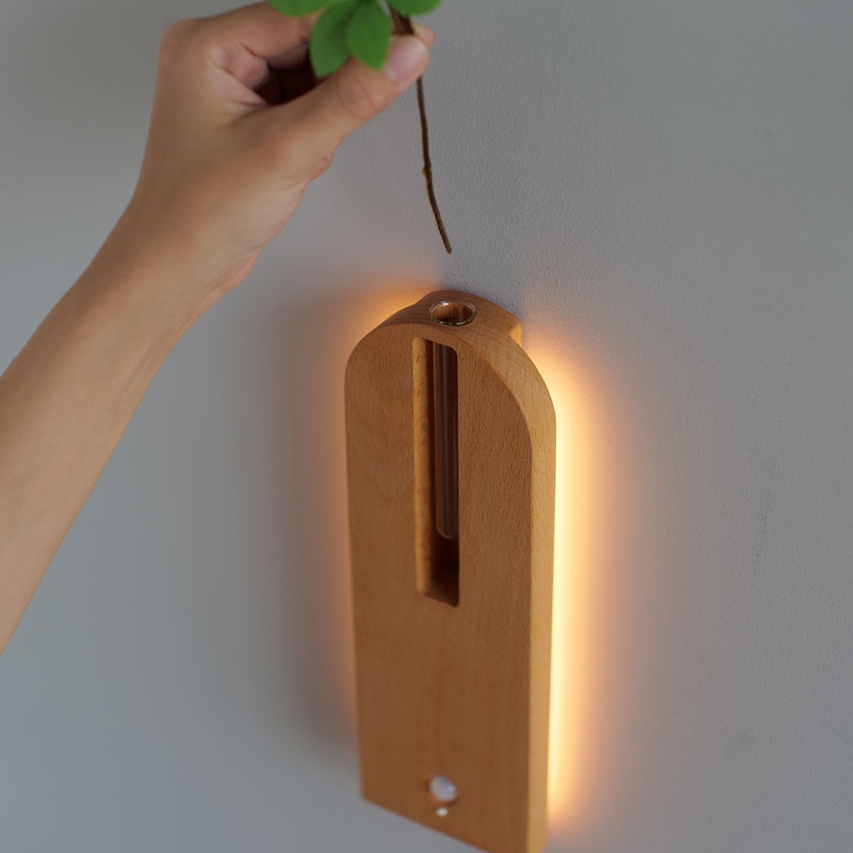 Solid Wood Motion Sensor Wall Light with Glass Vase
