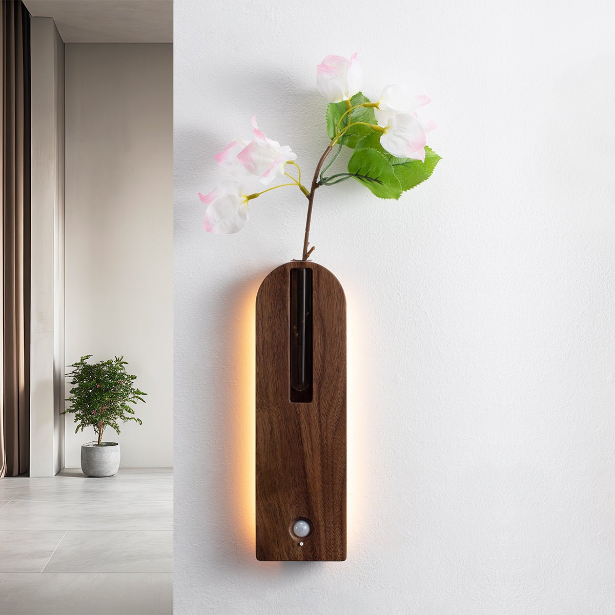 Solid Wood Motion Sensor Wall Light with Glass Vase