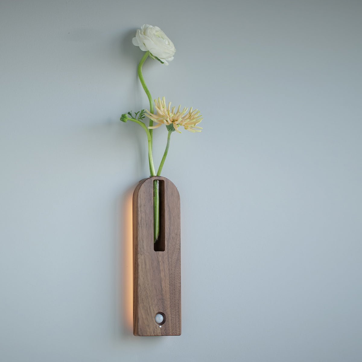 Solid Wood Motion Sensor Wall Light with Glass Vase