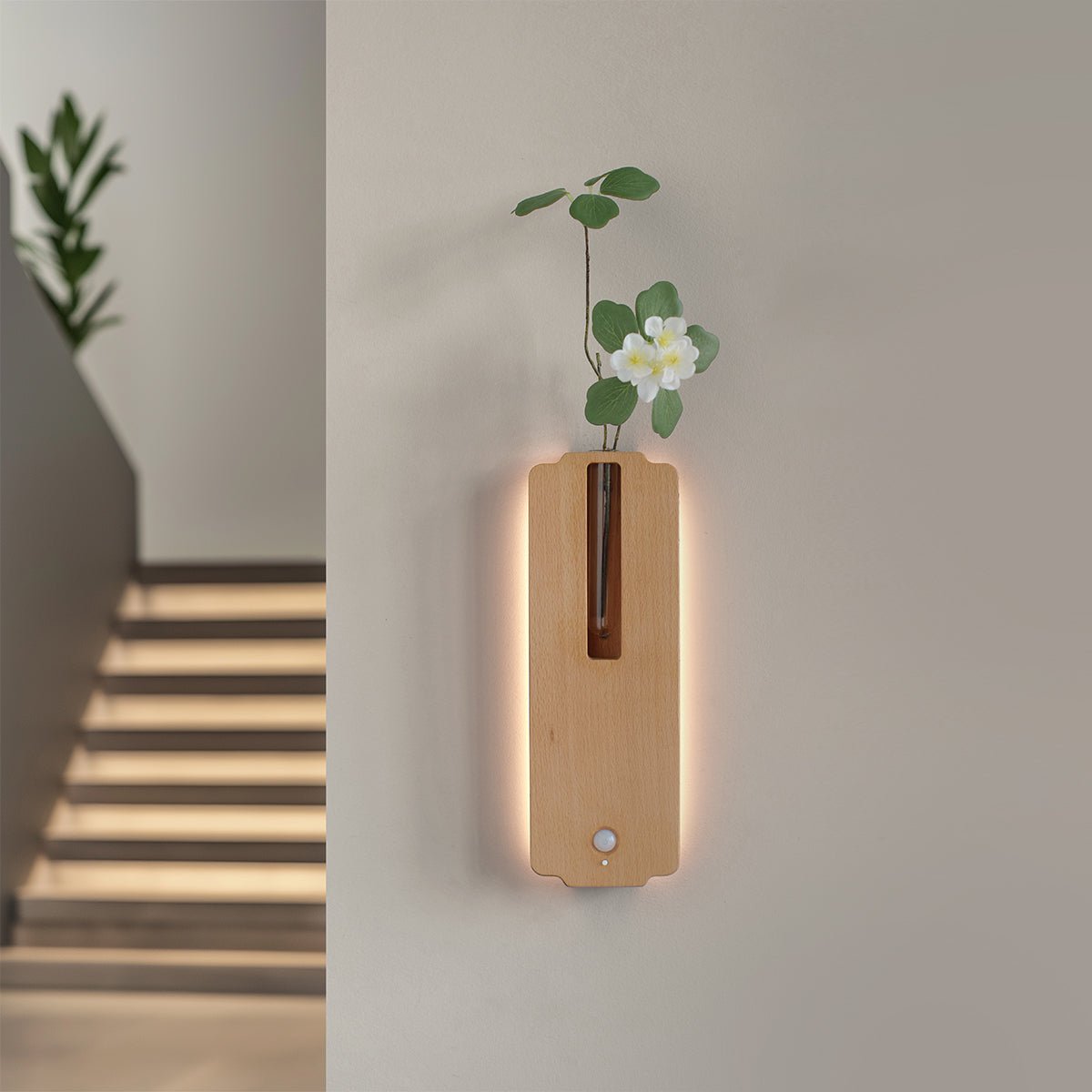 Solid Wood Motion Sensor Wall Light with Glass Vase