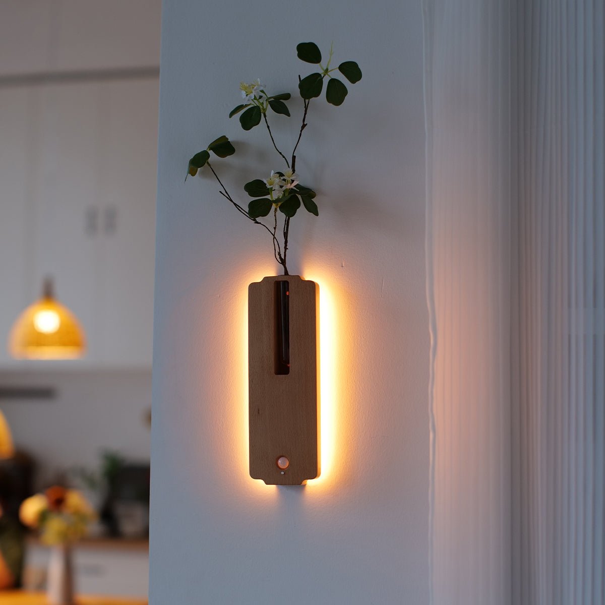 Solid Wood Motion Sensor Wall Light with Glass Vase