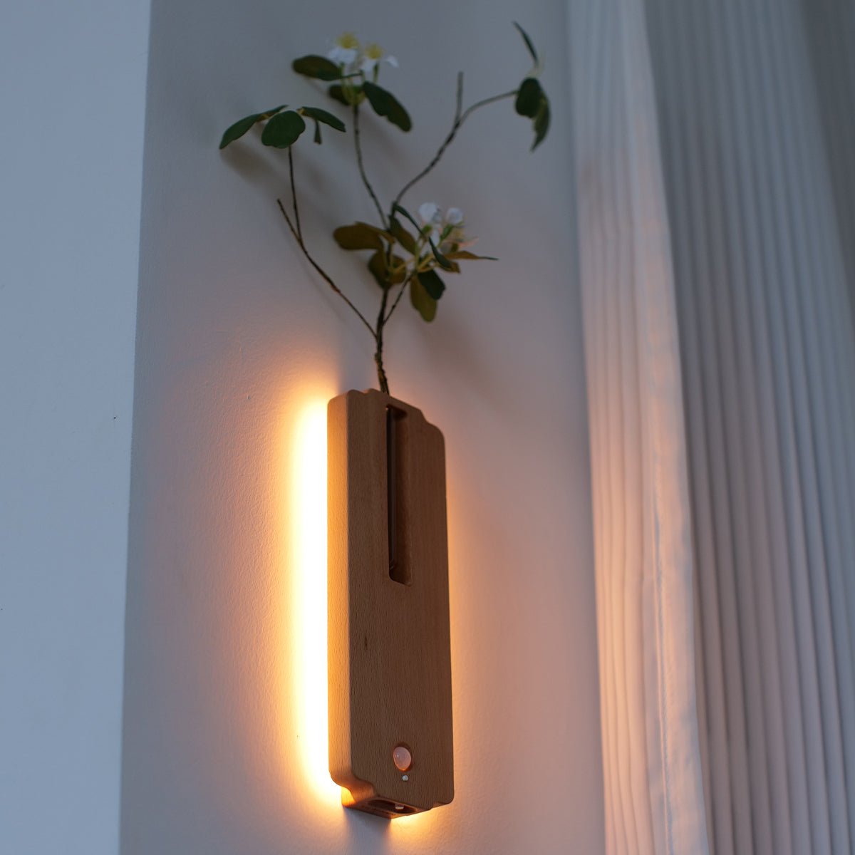 Solid Wood Motion Sensor Wall Light with Glass Vase