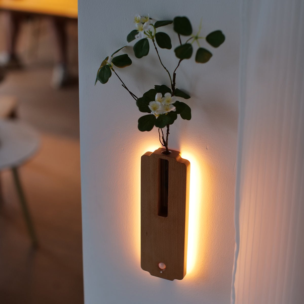 Solid Wood Motion Sensor Wall Light with Glass Vase