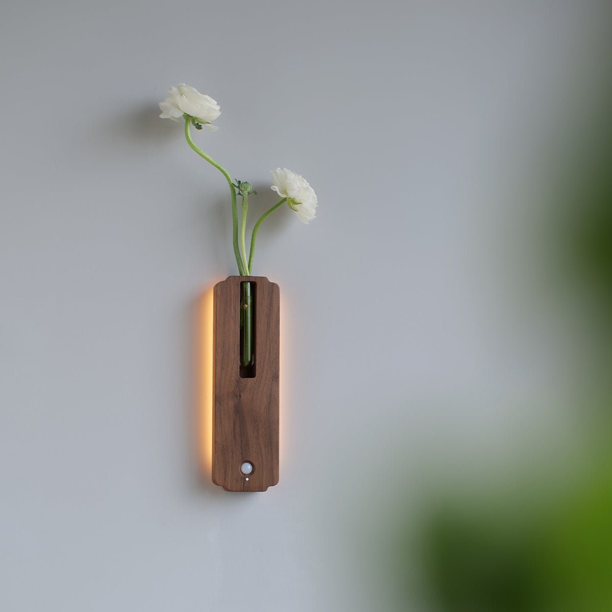 Solid Wood Motion Sensor Wall Light with Glass Vase