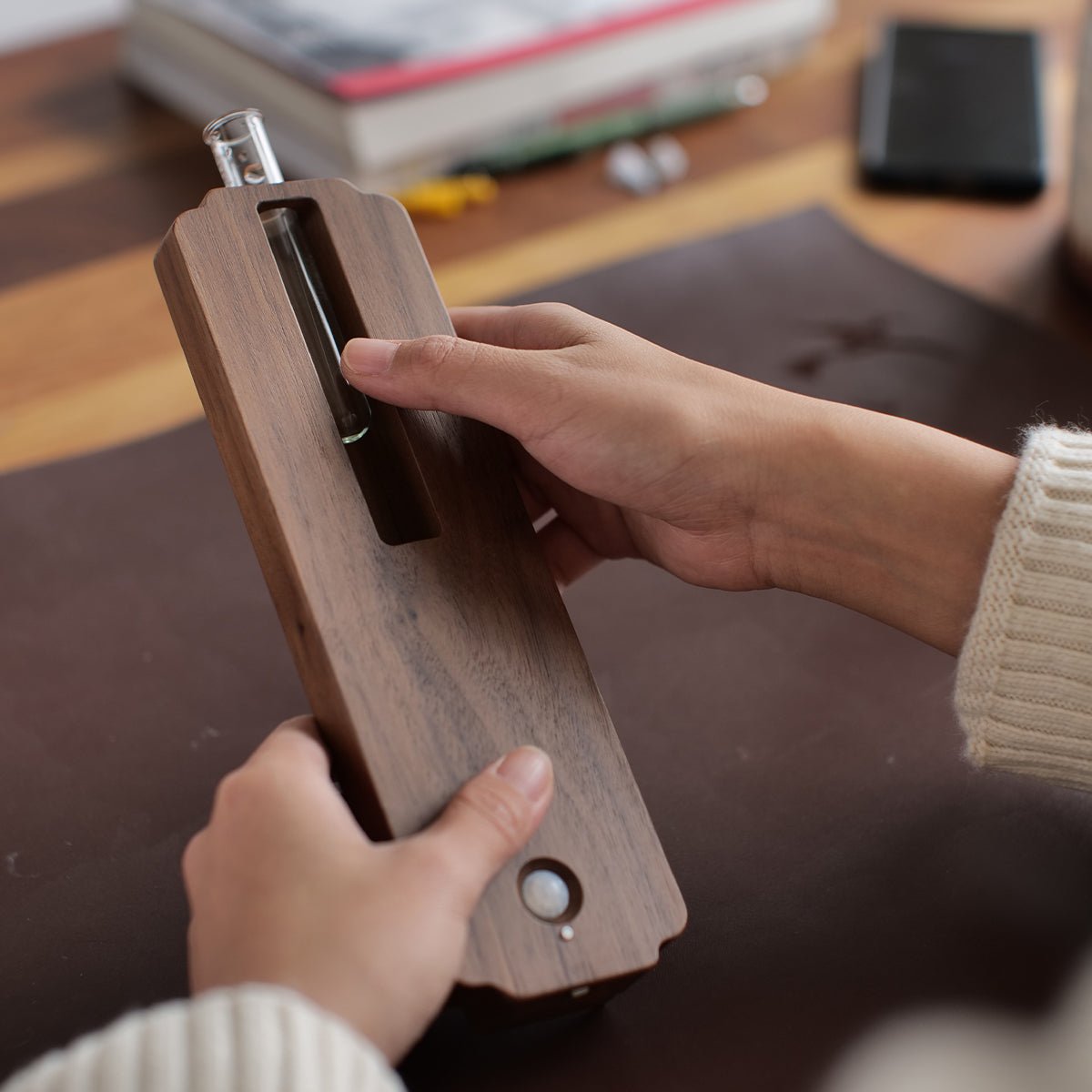 Solid Wood Motion Sensor Wall Light with Glass Vase