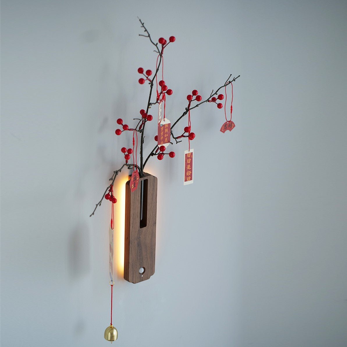 Solid Wood Motion Sensor Wall Light with Glass Vase
