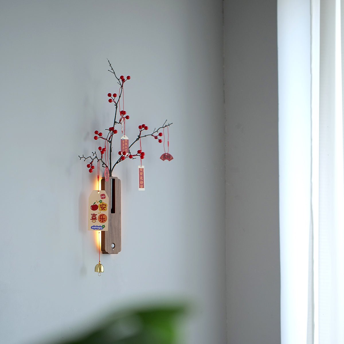 Solid Wood Motion Sensor Wall Light with Glass Vase