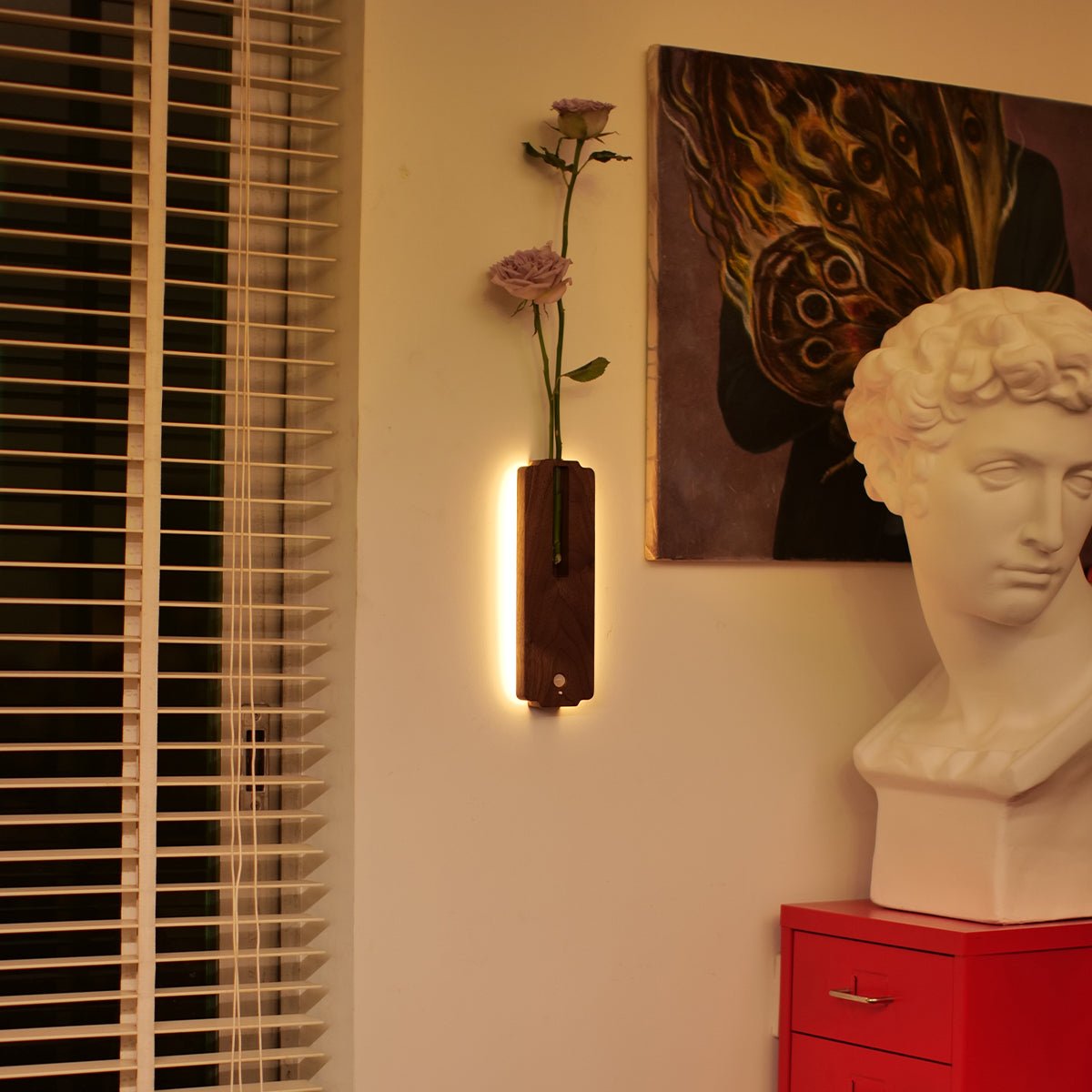 Solid Wood Motion Sensor Wall Light with Glass Vase