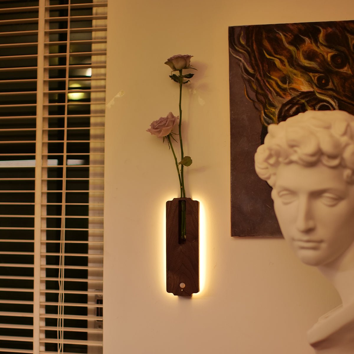 Solid Wood Motion Sensor Wall Light with Glass Vase