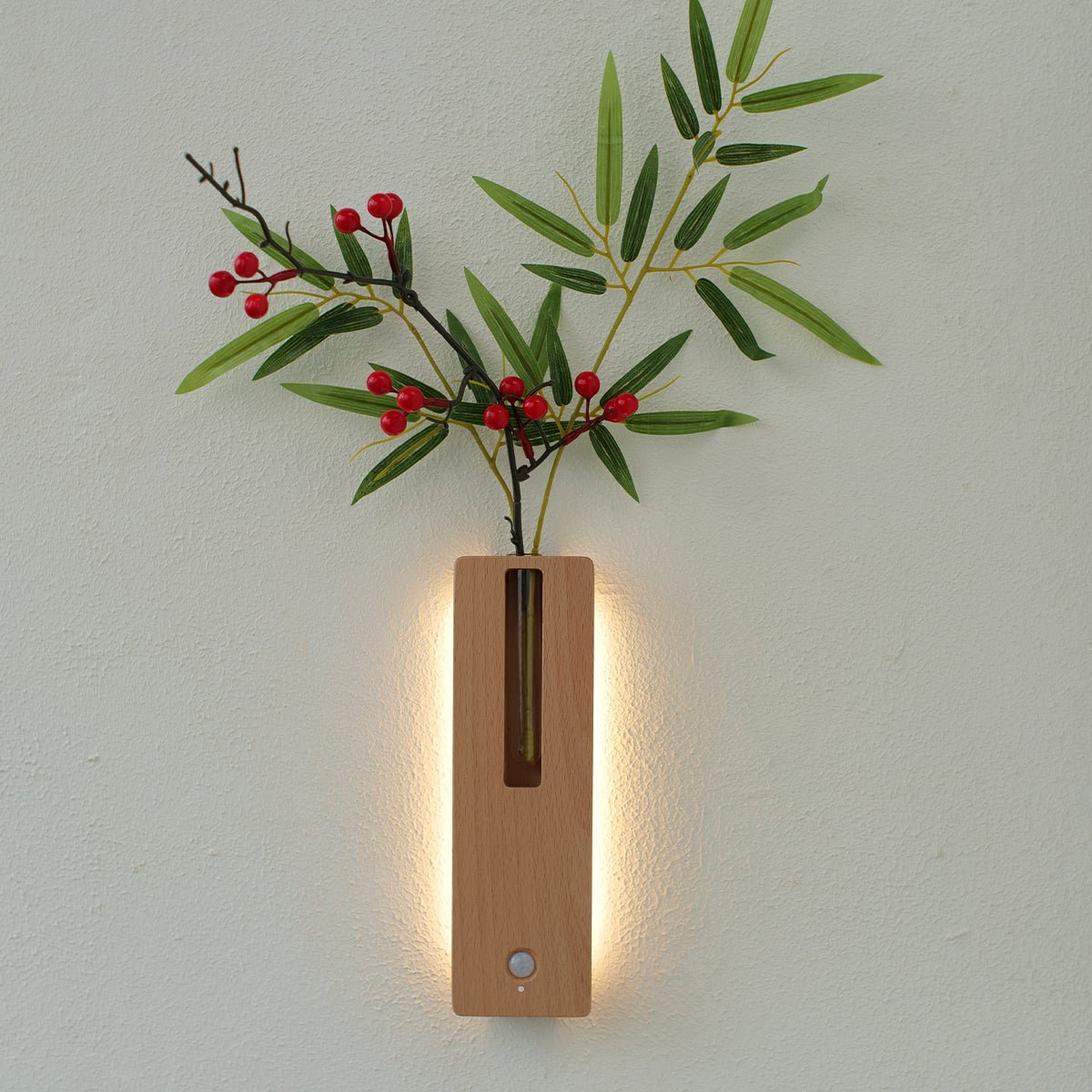 Solid Wood Motion Sensor Wall Light with Glass Vase