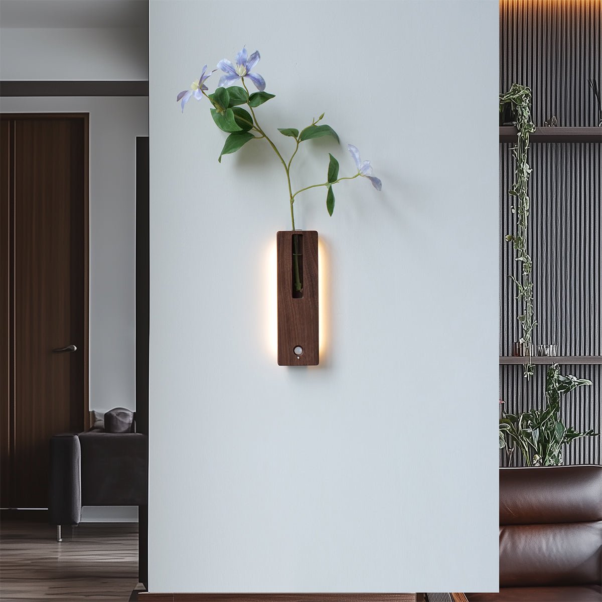 Solid Wood Motion Sensor Wall Light with Glass Vase