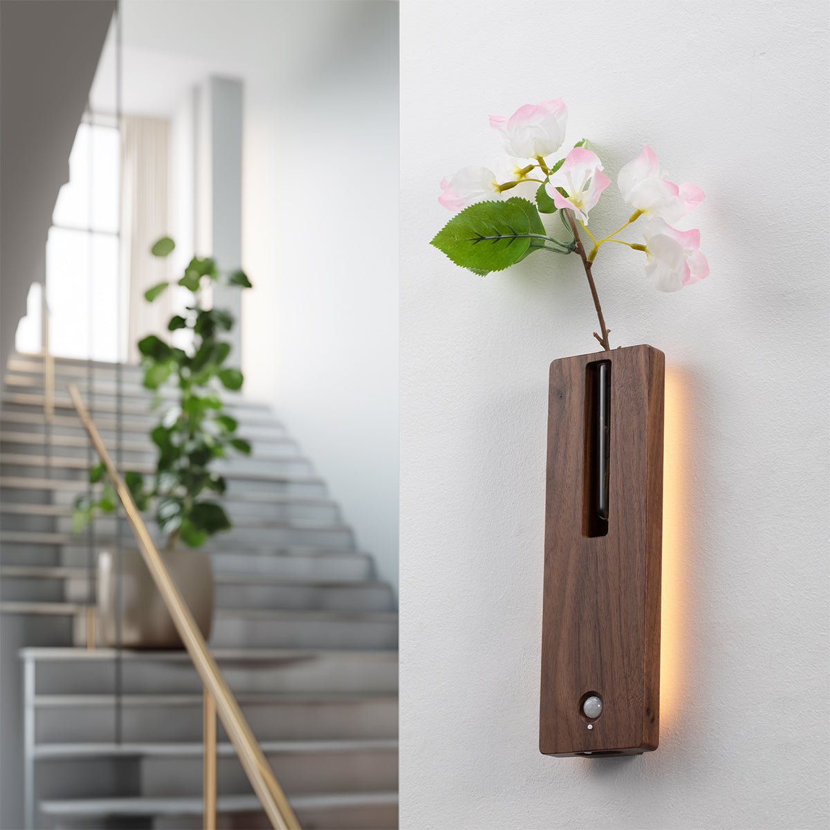 Solid Wood Motion Sensor Wall Light with Glass Vase