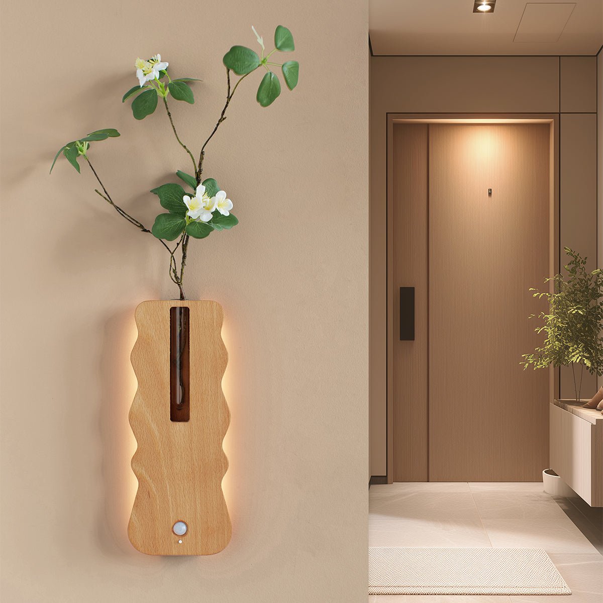Solid Wood Motion Sensor Wall Light with Glass Vase
