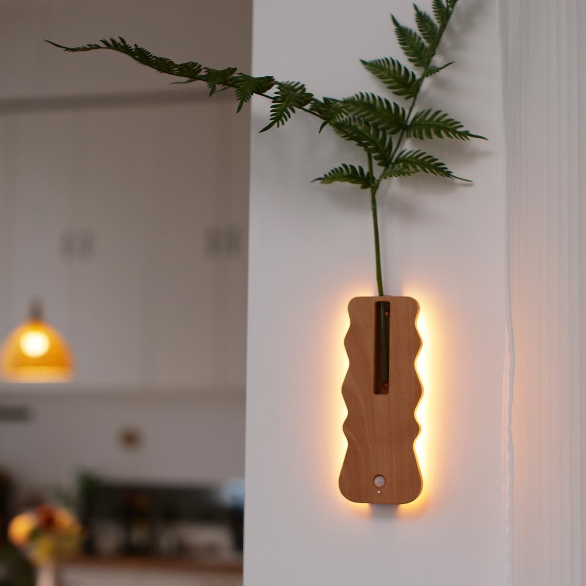 Solid Wood Motion Sensor Wall Light with Glass Vase