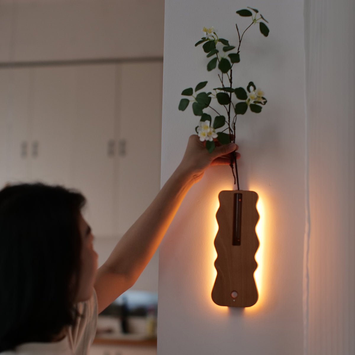Solid Wood Motion Sensor Wall Light with Glass Vase