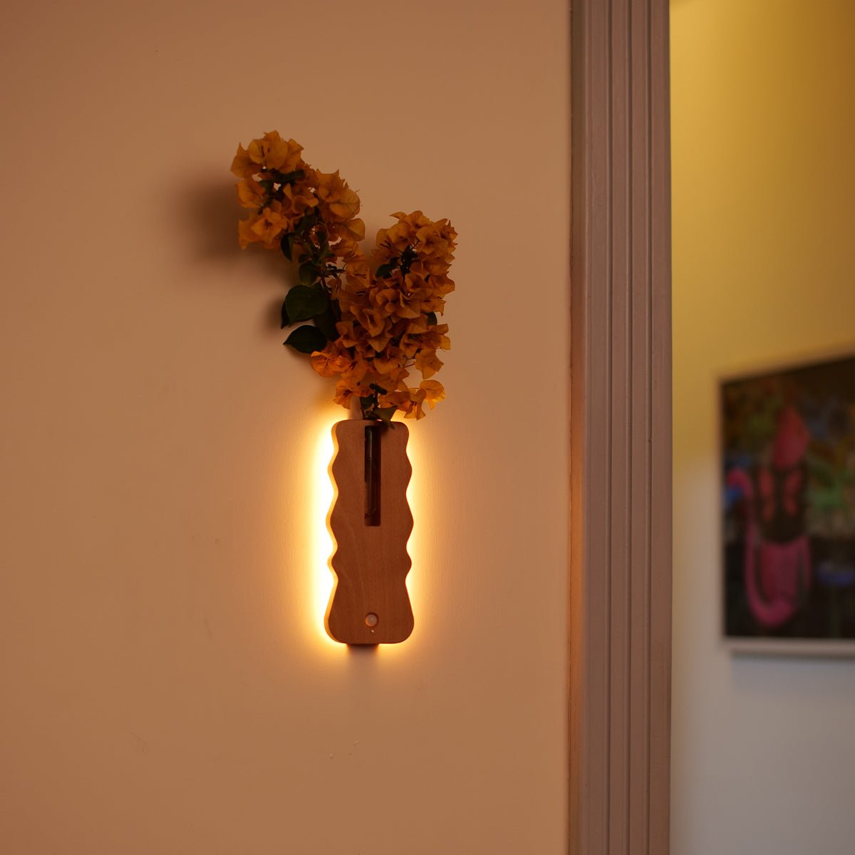 Solid Wood Motion Sensor Wall Light with Glass Vase