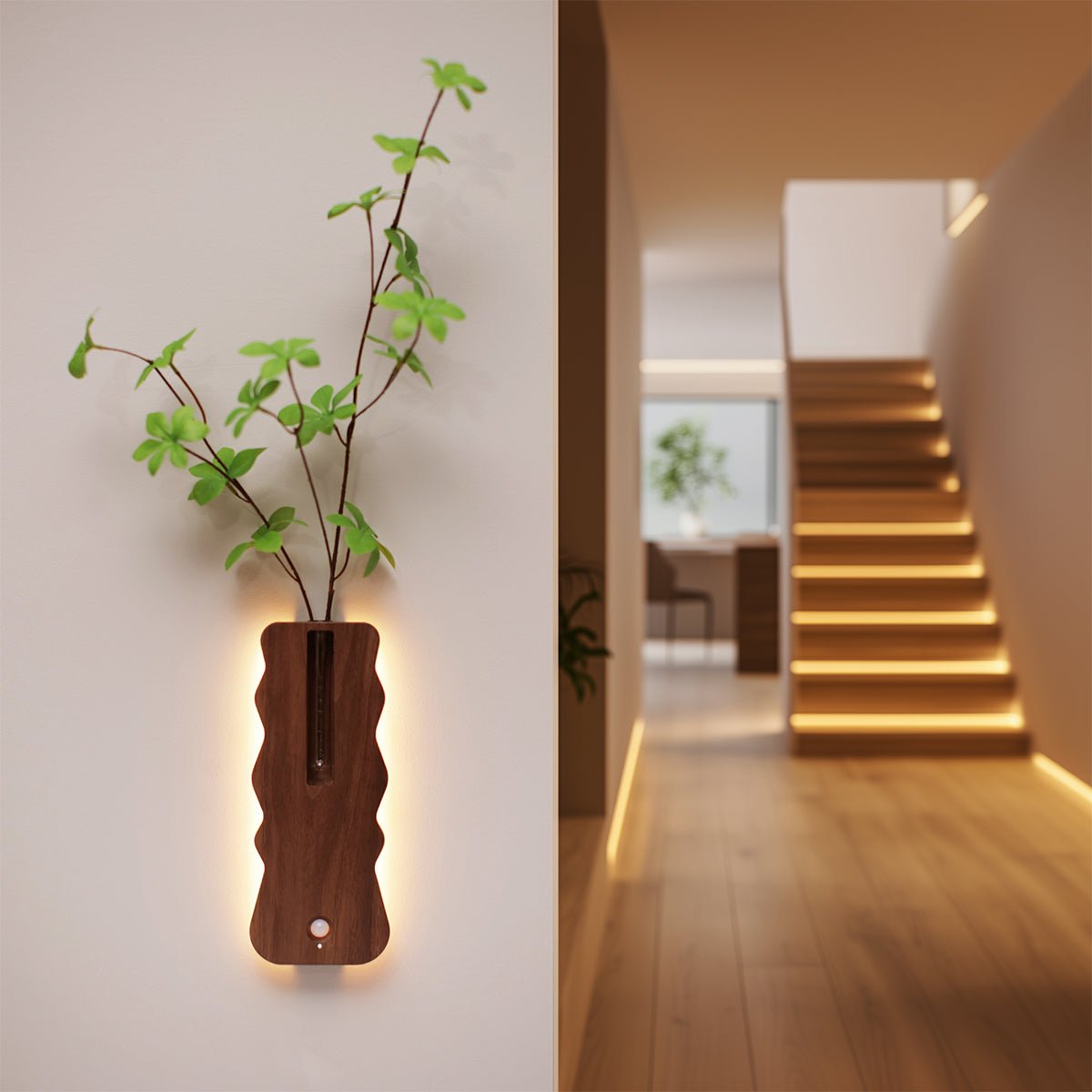 Solid Wood Motion Sensor Wall Light with Glass Vase