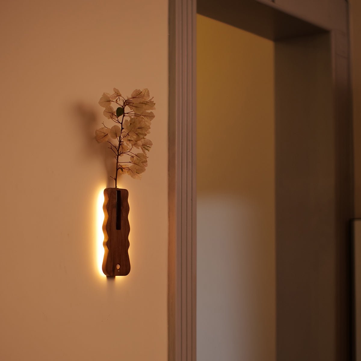 Solid Wood Motion Sensor Wall Light with Glass Vase