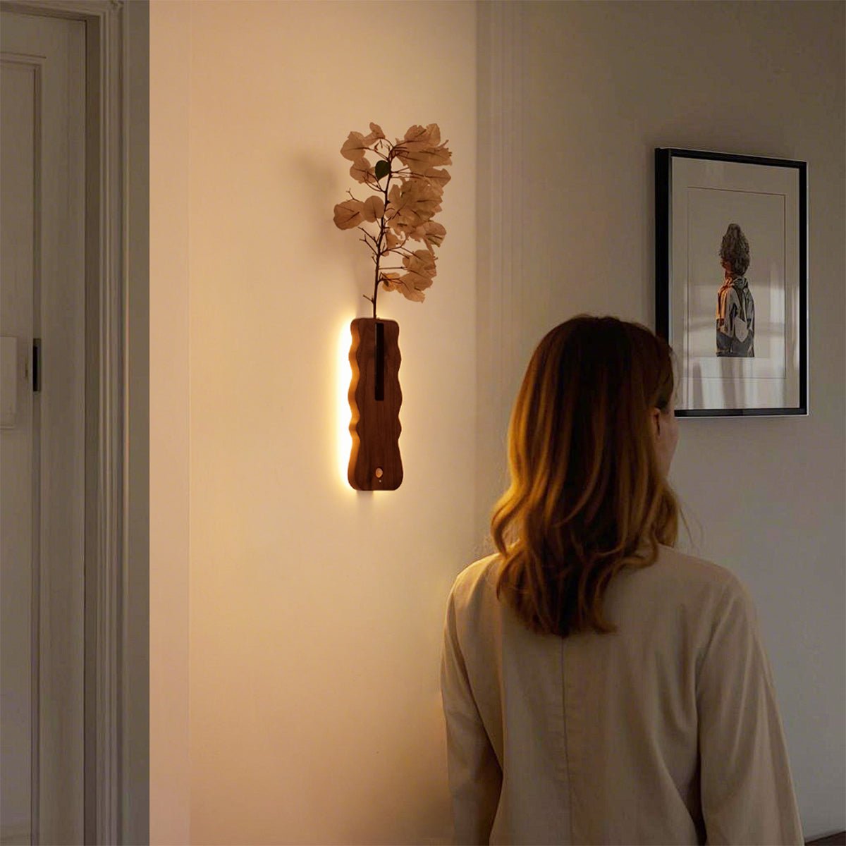 Solid Wood Motion Sensor Wall Light with Glass Vase