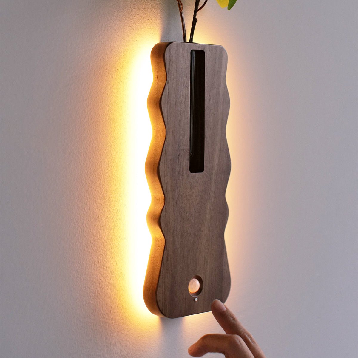 Solid Wood Motion Sensor Wall Light with Glass Vase