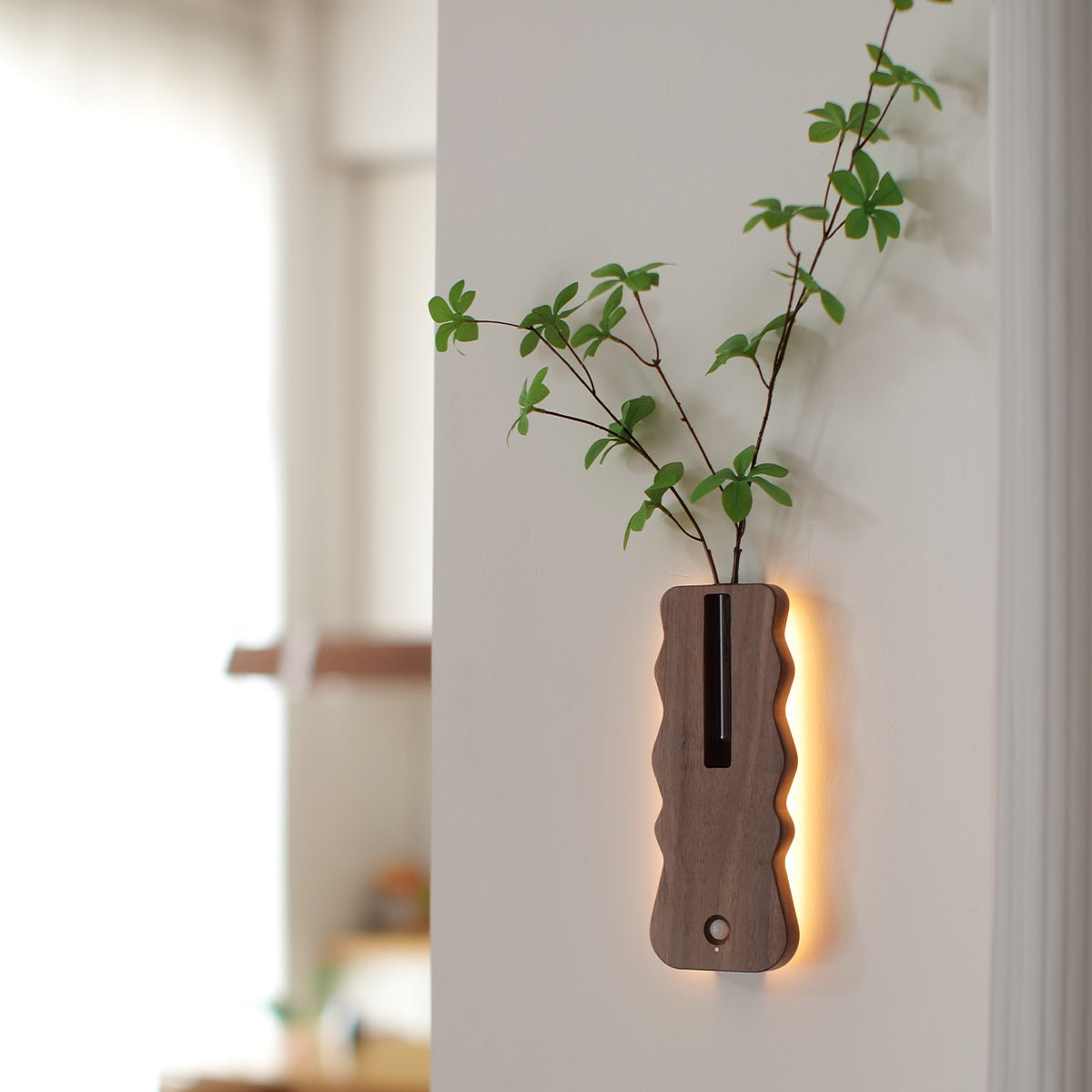 Solid Wood Motion Sensor Wall Light with Glass Vase