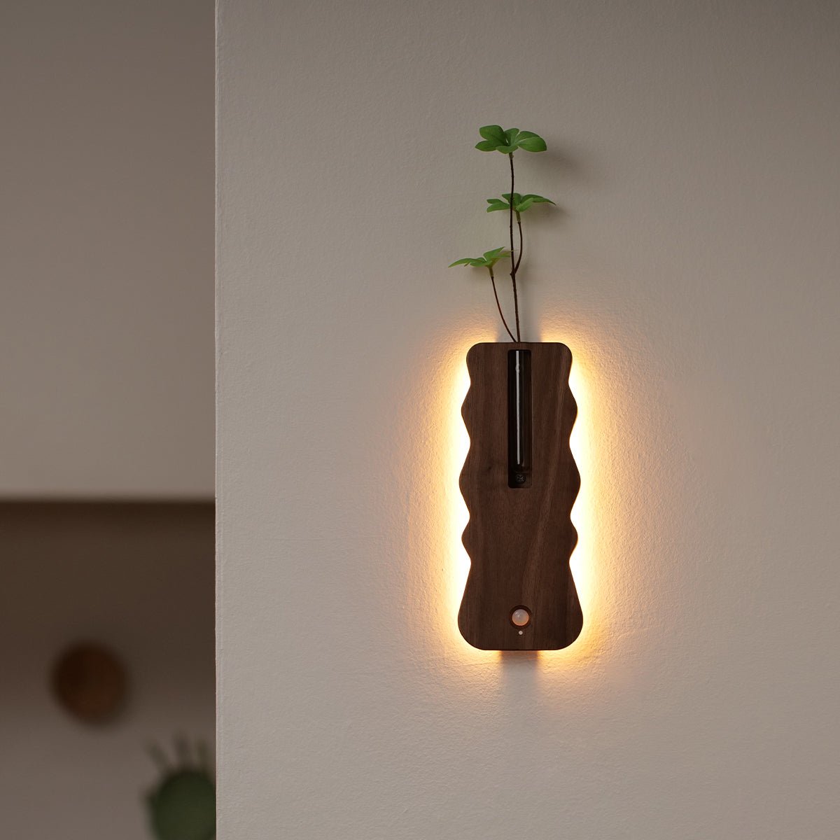 Solid Wood Motion Sensor Wall Light with Glass Vase