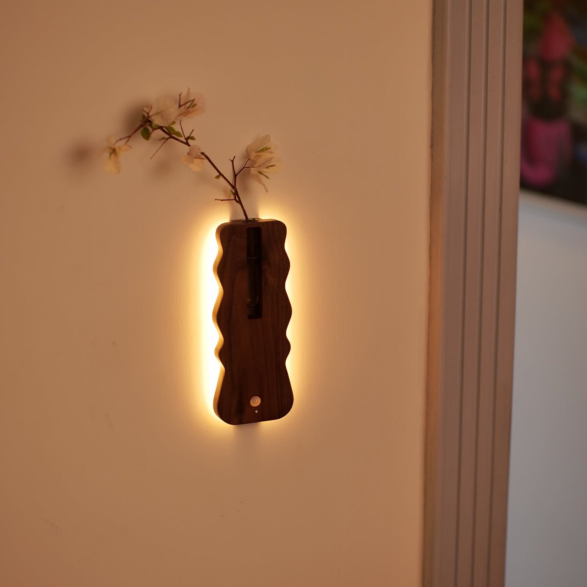 Solid Wood Motion Sensor Wall Light with Glass Vase