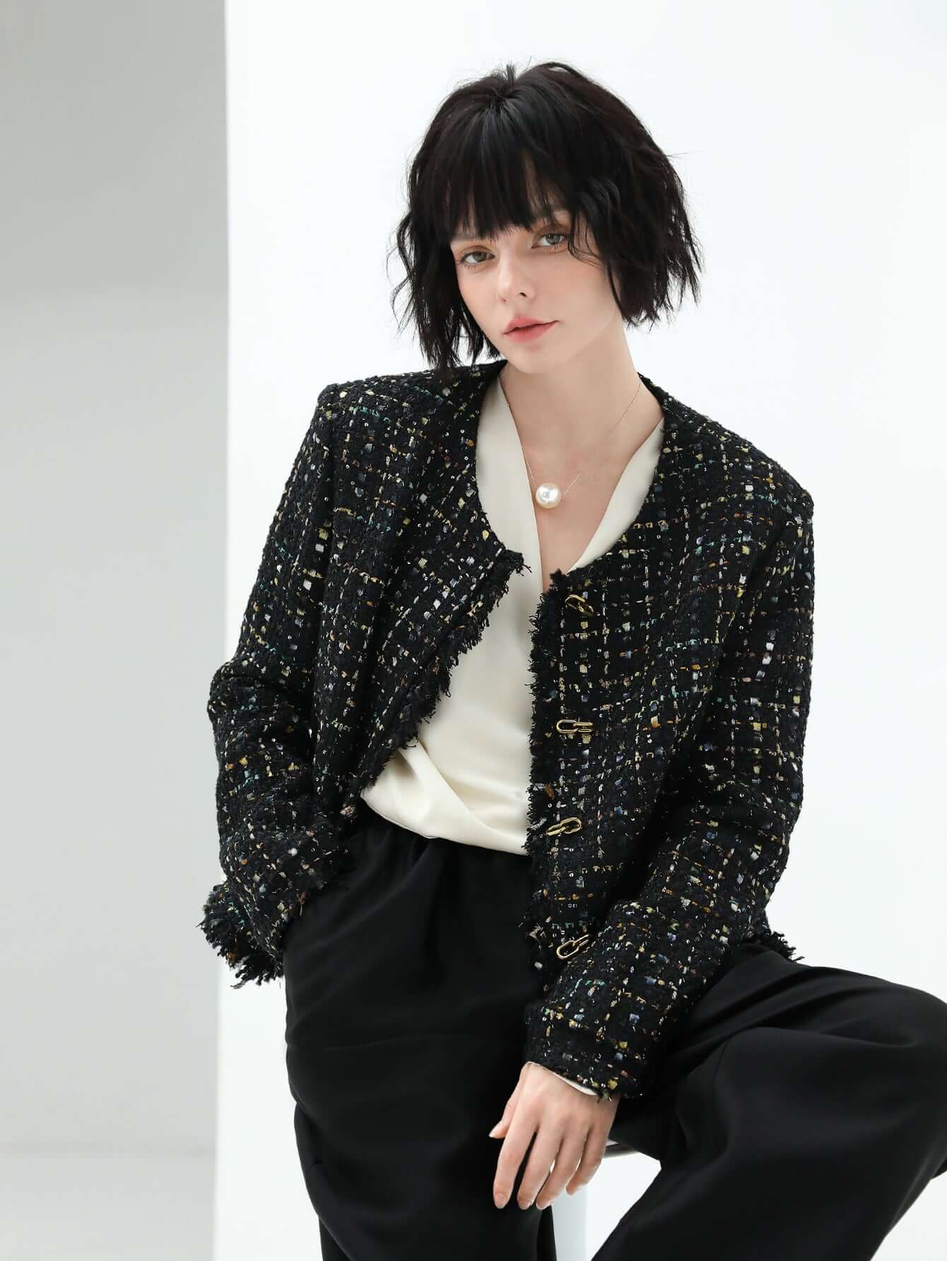 sophisticated fringe edged tweed jacket all black 3
