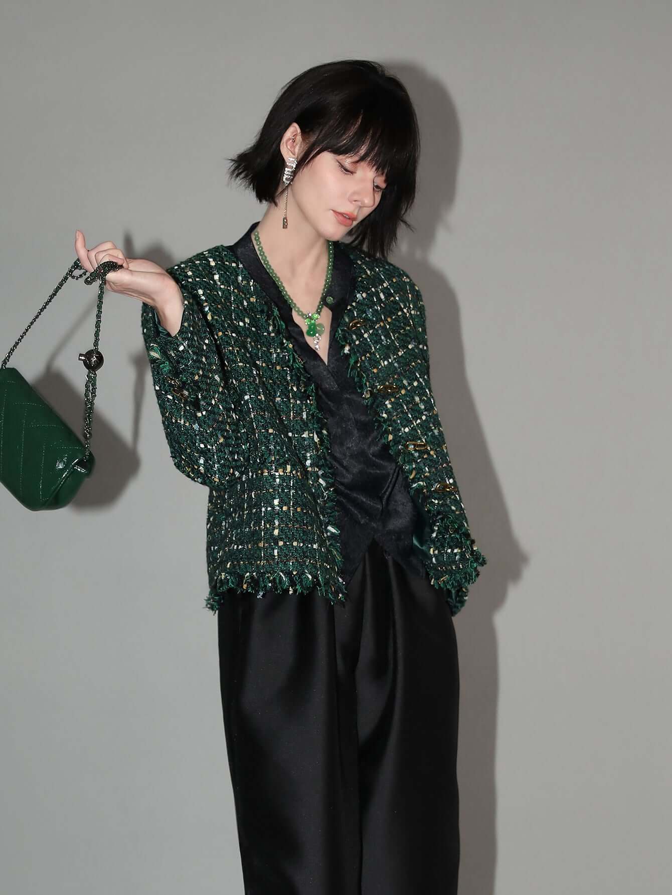 sophisticated fringe edged tweed jacket all green 1
