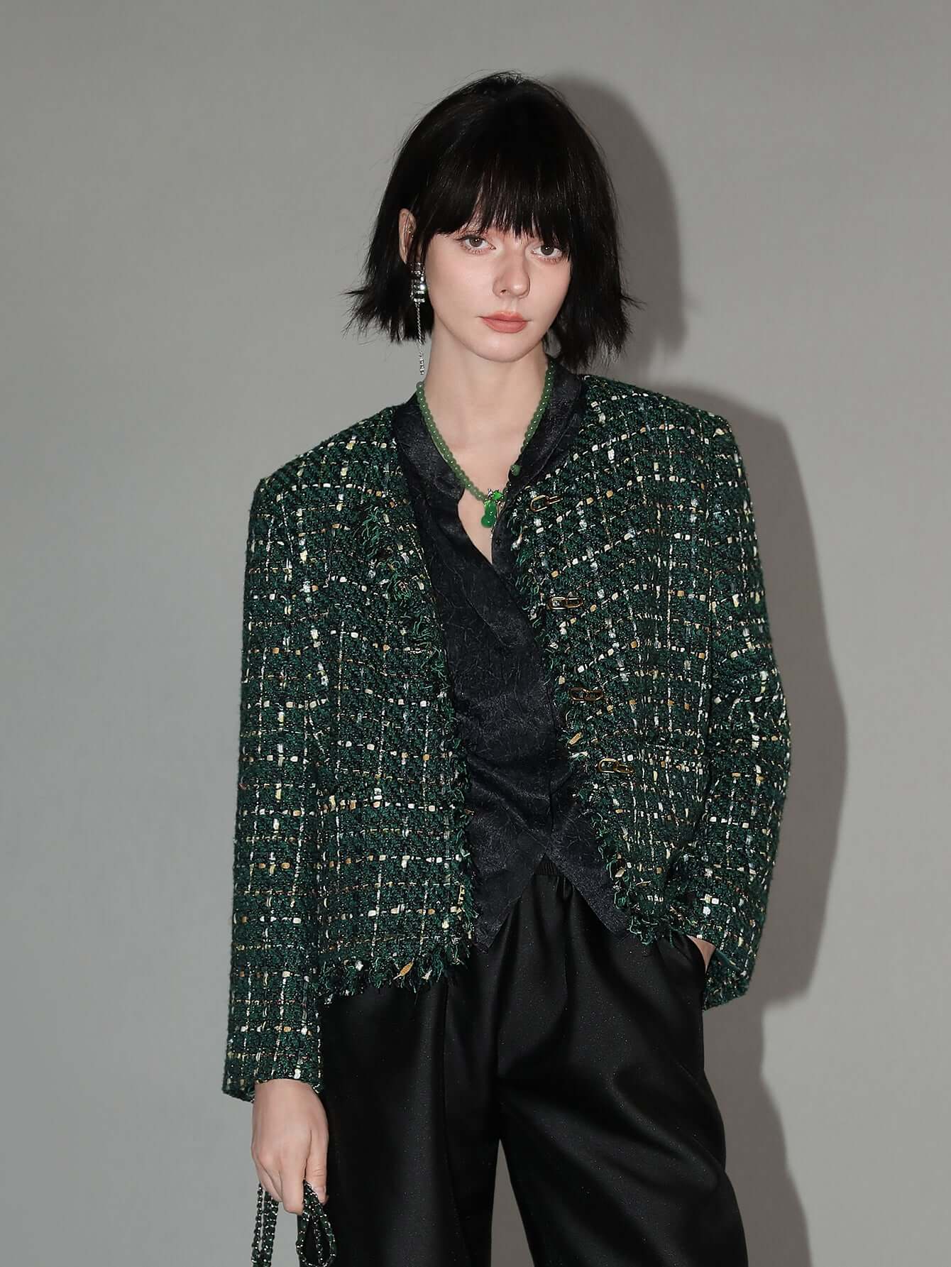 sophisticated fringe edged tweed jacket all green 2
