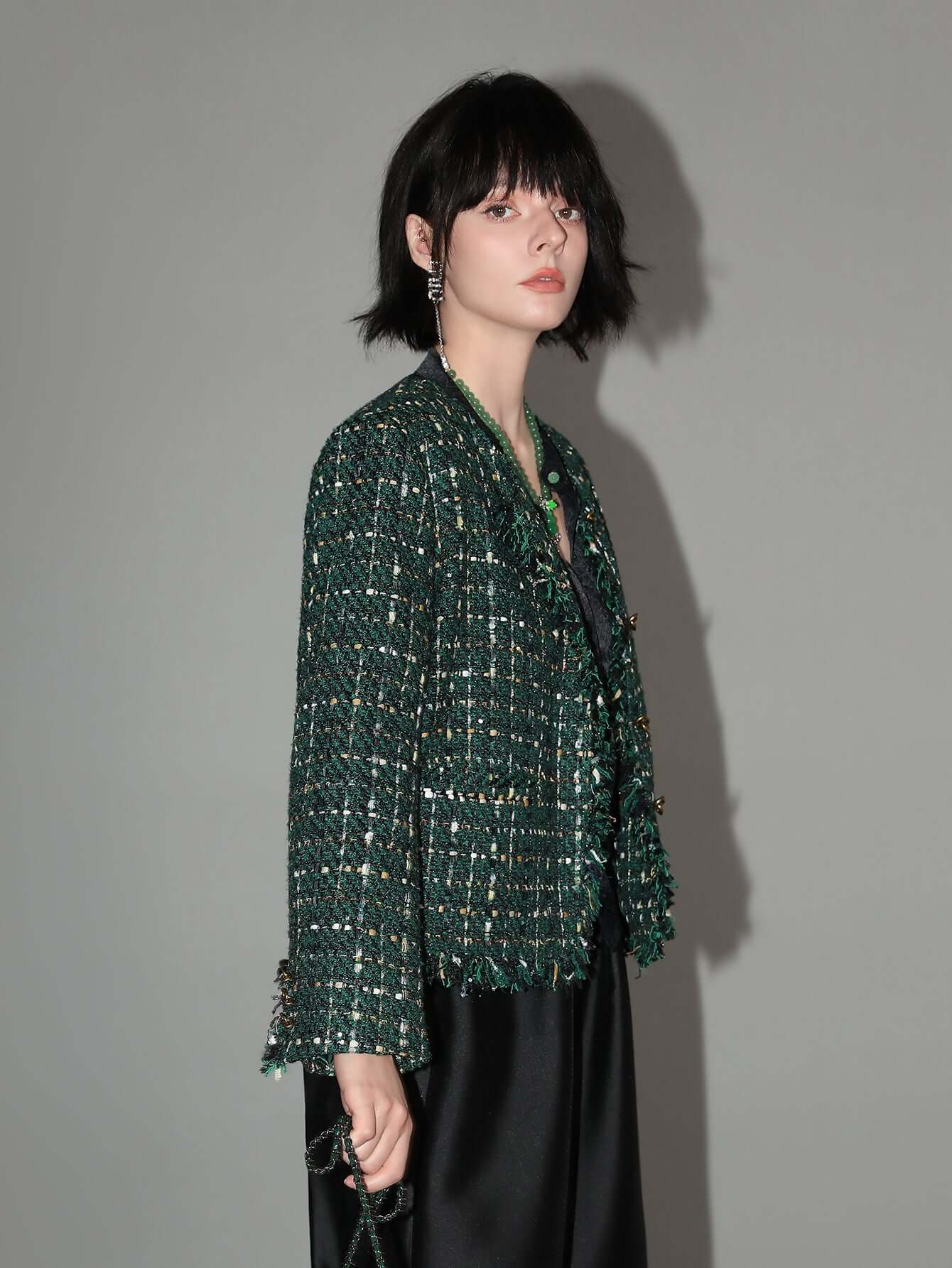 sophisticated fringe edged tweed jacket all green 3