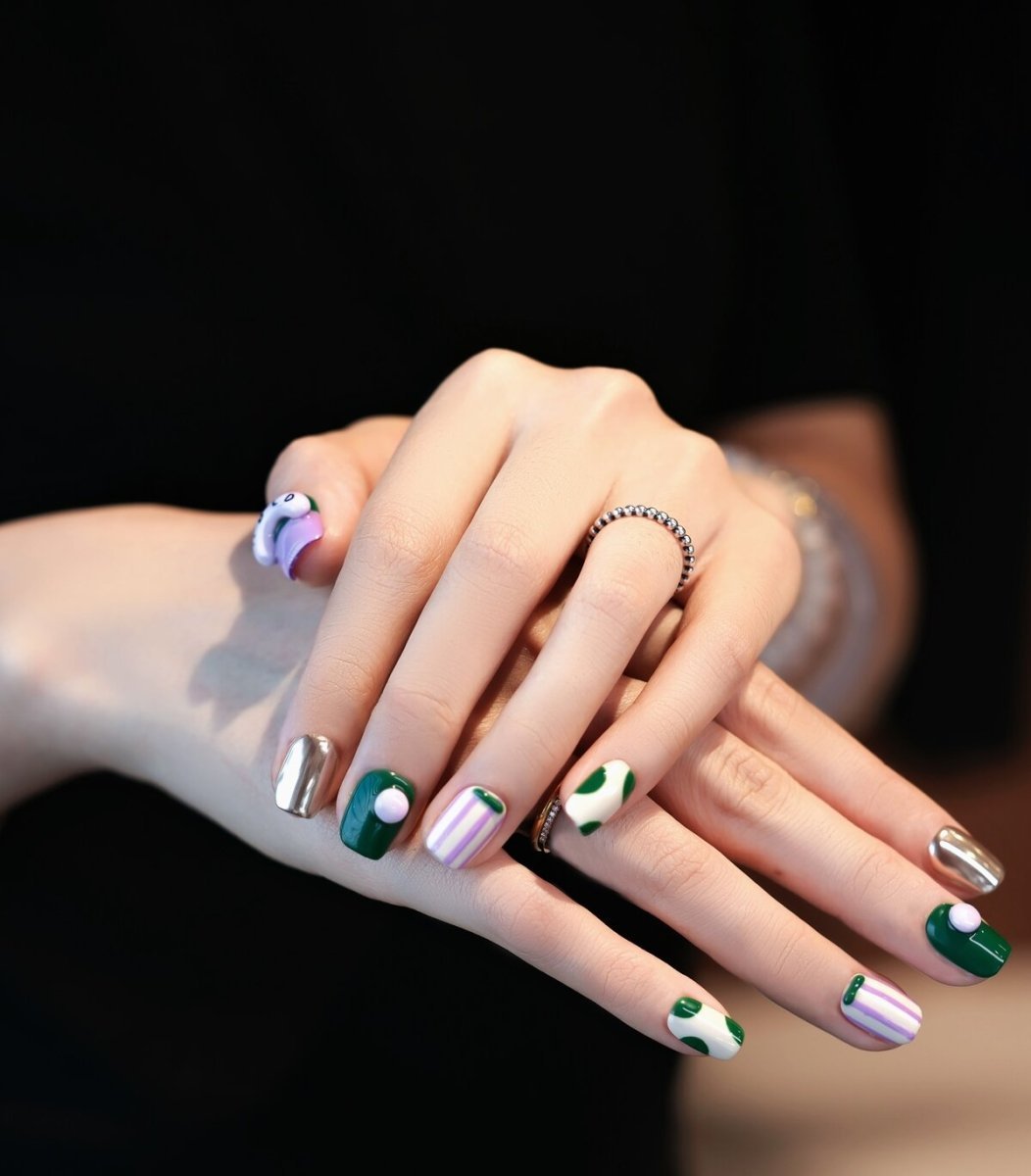 Space Ranger Green Lilac Chrome Press-On Nails