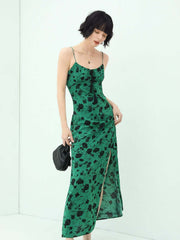 Spaghetti Strap Floral Green Maxi Dress with Side Slit