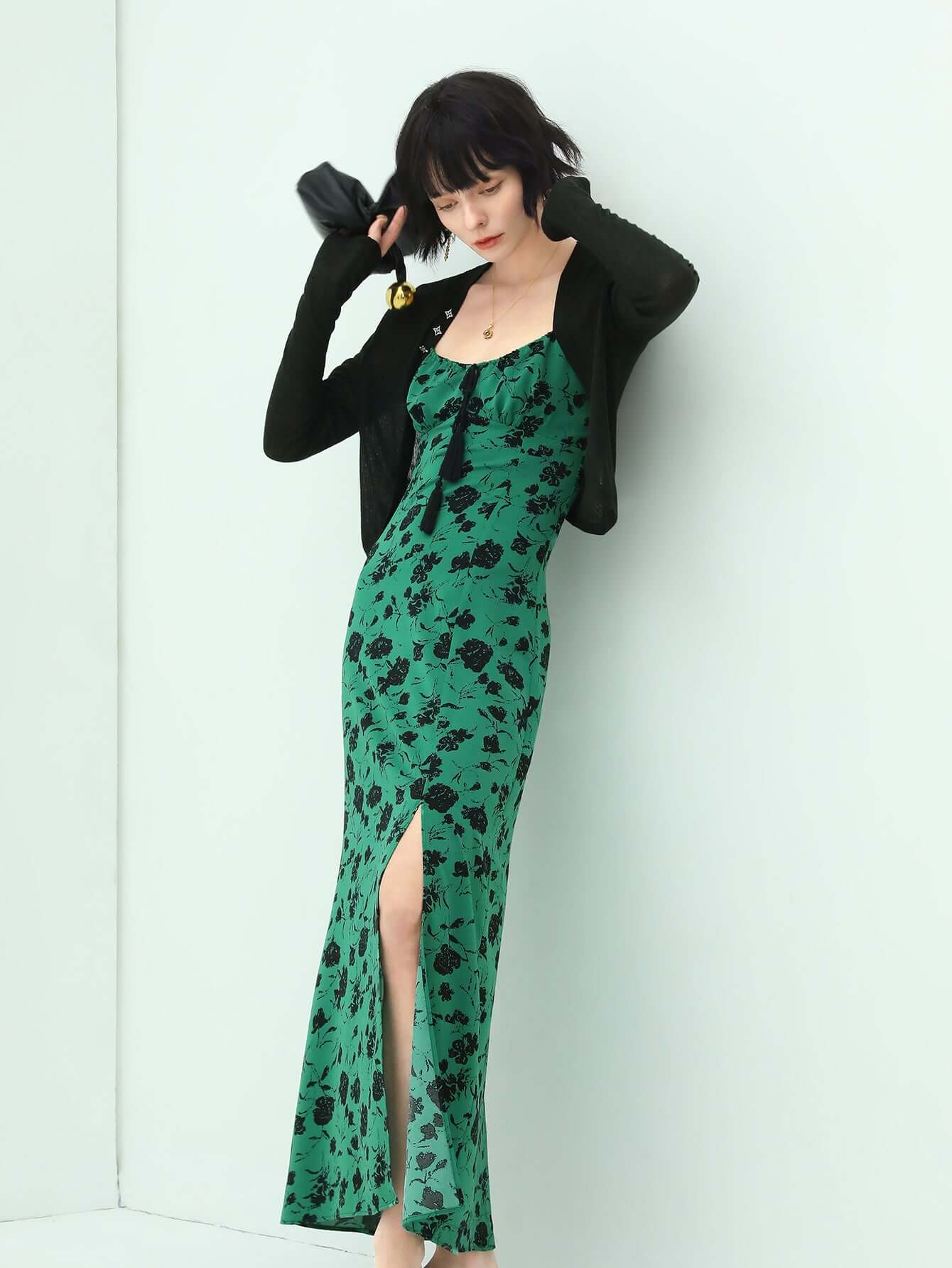 spaghetti strap floral green maxi dress with side slit all green 2