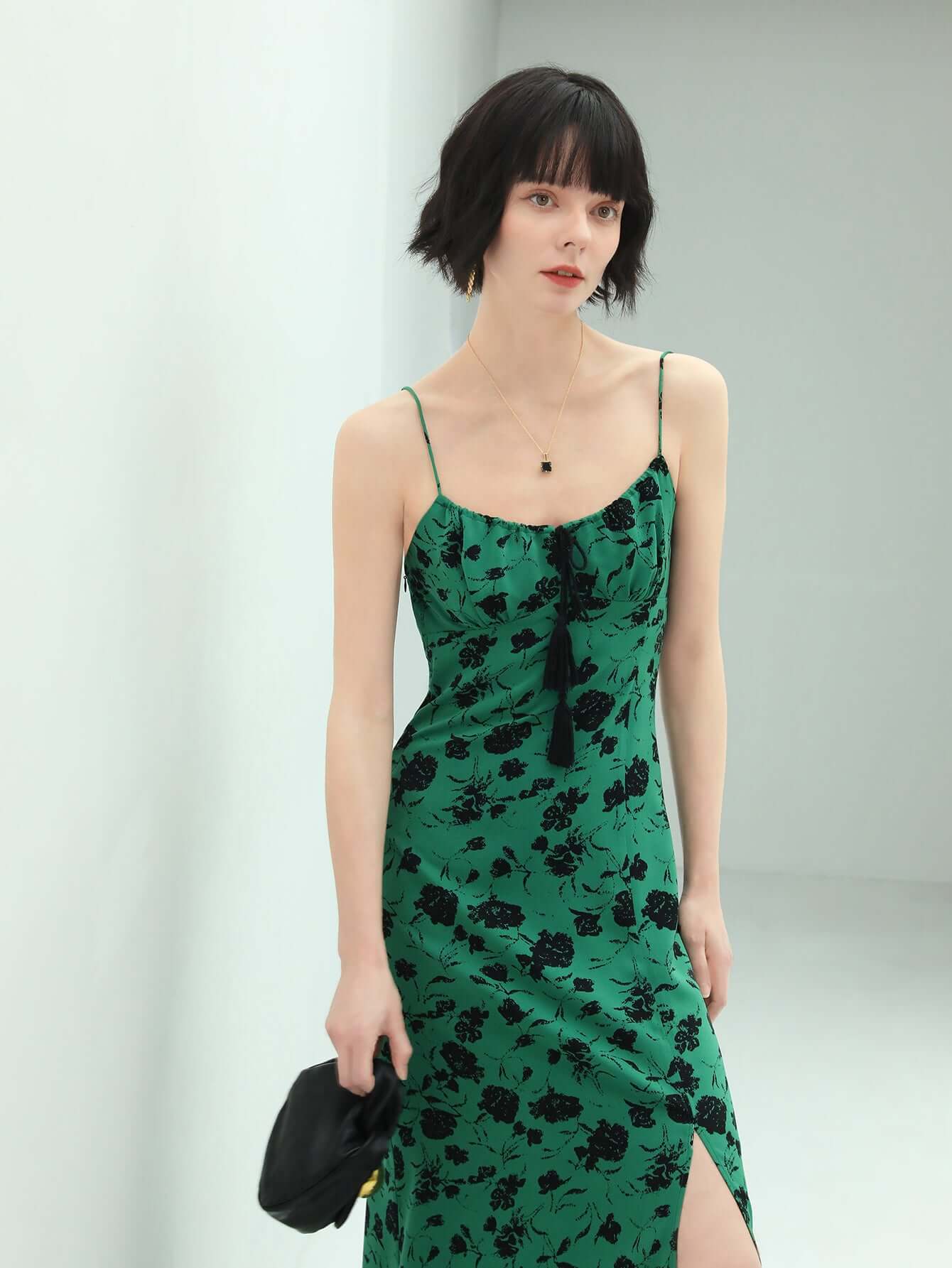 spaghetti strap floral green maxi dress with side slit all green 3