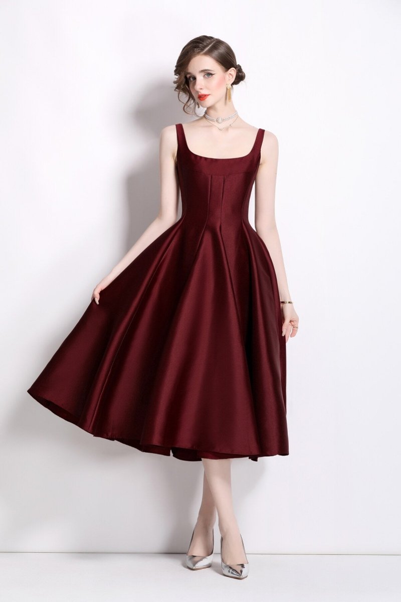 spaghetti strap waist cinching maroon cocktail dress all maroon 2