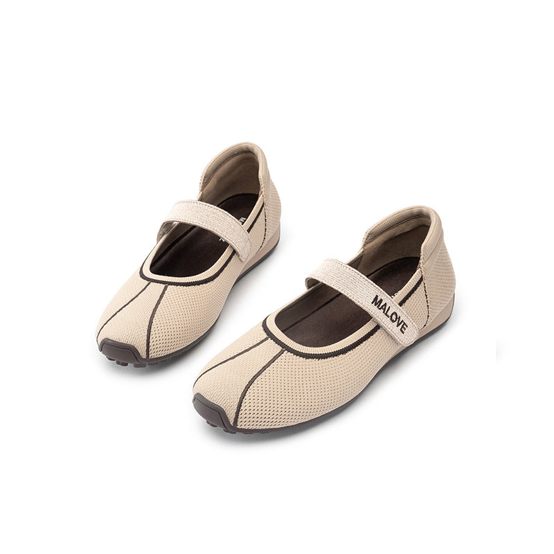Sport Ballet Mary Jane Flats – Breathable Knit Velcro Strap Walking Shoes