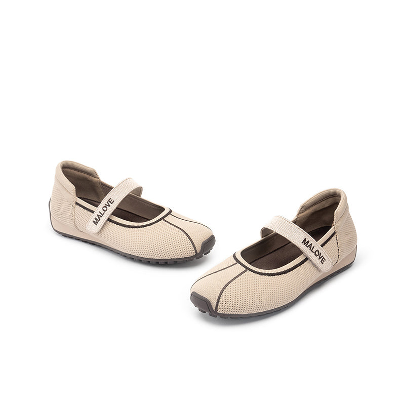 Sport Ballet Mary Jane Flats – Breathable Knit Velcro Strap Walking Shoes