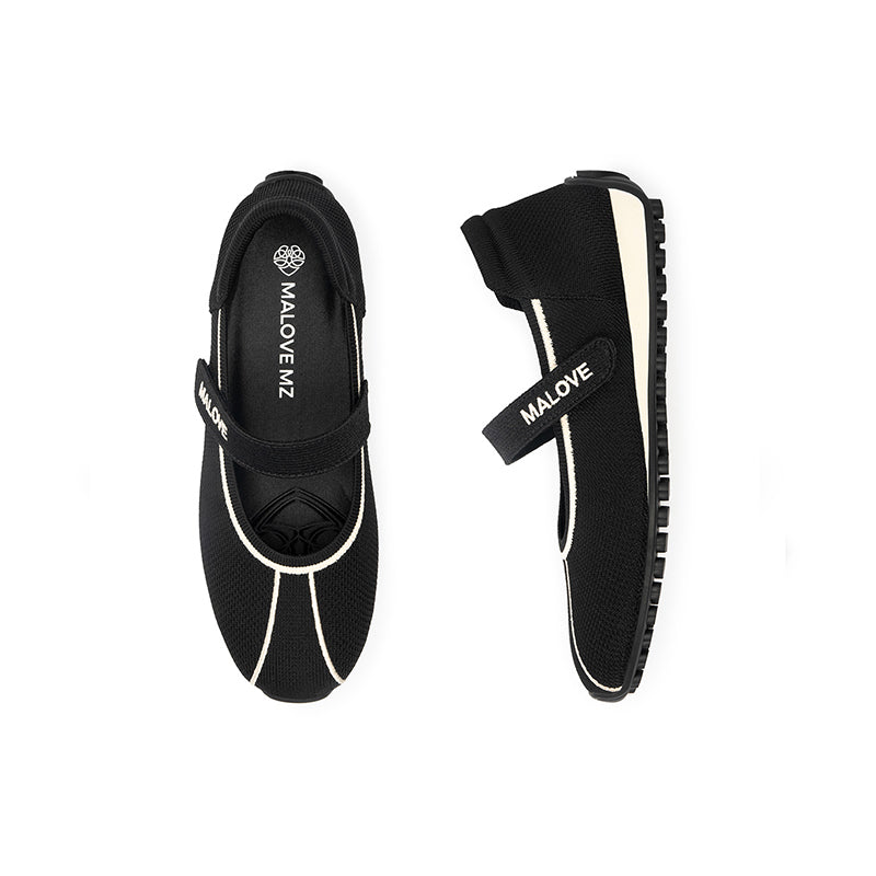 Sport Ballet Mary Jane Flats – Breathable Knit Velcro Strap Walking Shoes