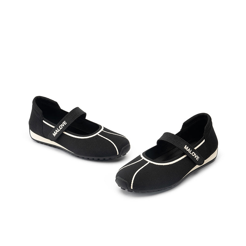 Sport Ballet Mary Jane Flats – Breathable Knit Velcro Strap Walking Shoes
