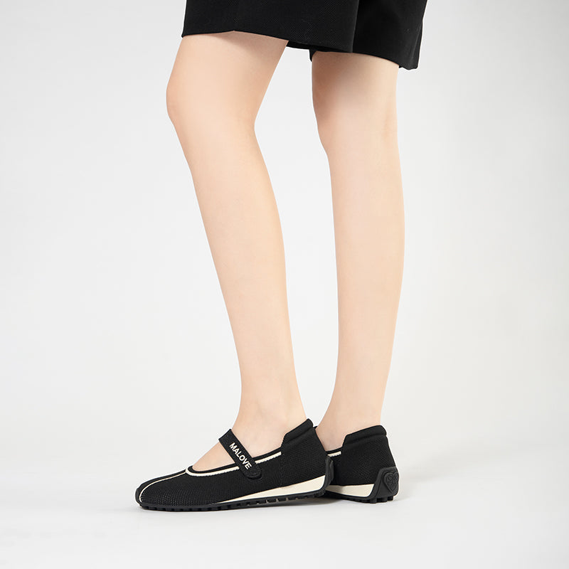 Sport Ballet Mary Jane Flats – Breathable Knit Velcro Strap Walking Shoes